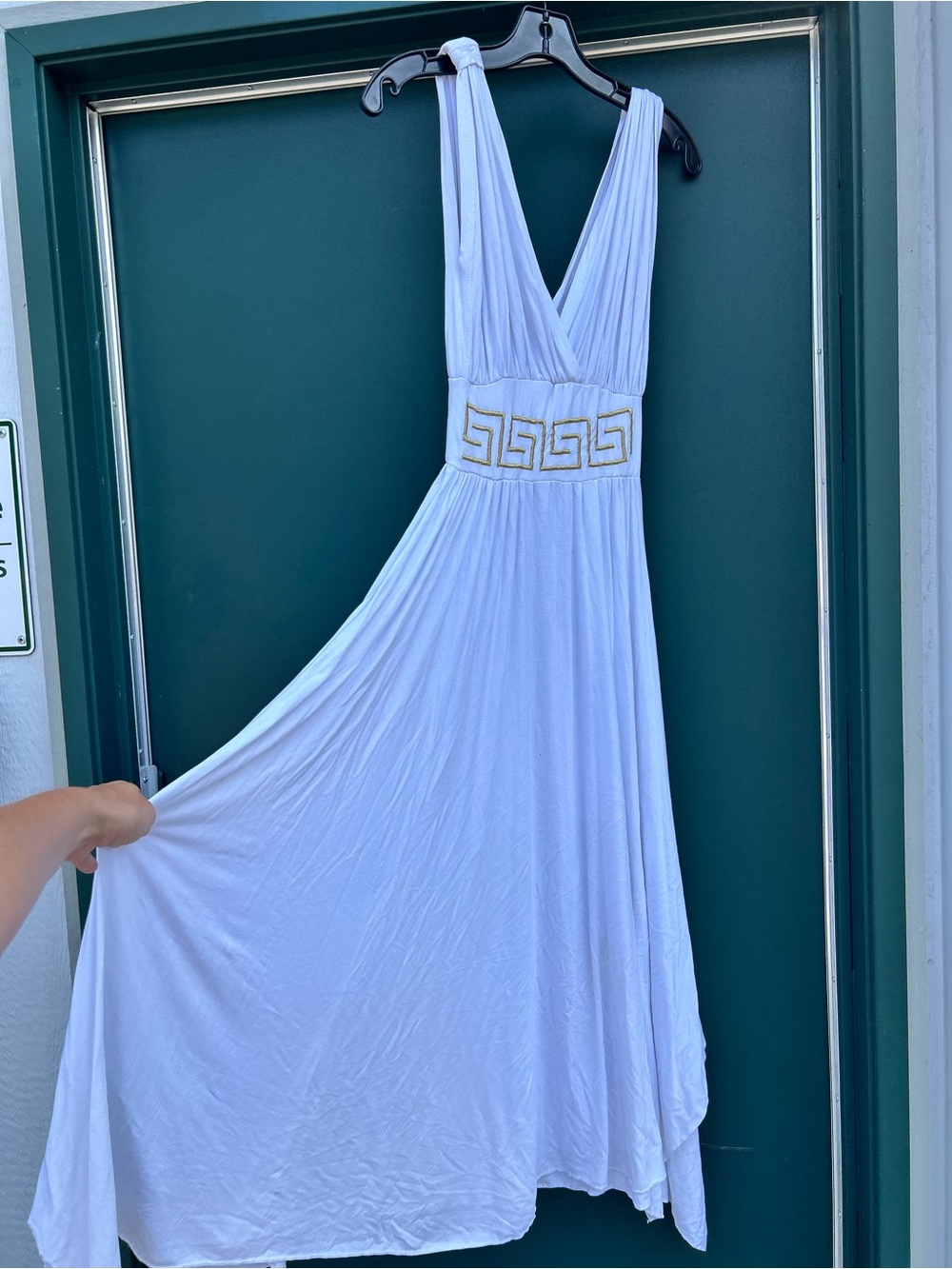 White V-Neck Grecian Maxi Dress with Gold Embellished Waist